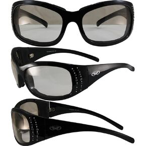 Global Vision Marilyn Motorcycle Sunglasses Bling Rhinestone Black Frames Clear to Smoke Lens