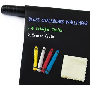 Chalkboard Wallpaper Stick and Peel, 17.7×98.4 Inch Long with 4 Colorful Chalks, Blackboard Wall Sticker, Chalkboard Contact Paper for Wall, Classroom, Office, Home and Kids Drawing