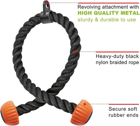 SELEWARE Triceps Rope with Non-Slip Soft Rubber Ends Home Gym Cable Attachment Workout Accessories 28 & 36 inches Long LAT Pulldown Attachment Black and Oranger in Saudi Arabia