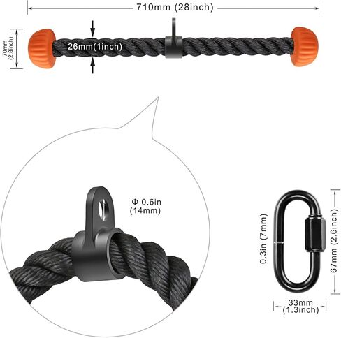 SELEWARE Triceps Rope with Non-Slip Soft Rubber Ends Home Gym Cable Attachment Workout Accessories 28 & 36 inches Long LAT Pulldown Attachment Black and Oranger in Saudi Arabia