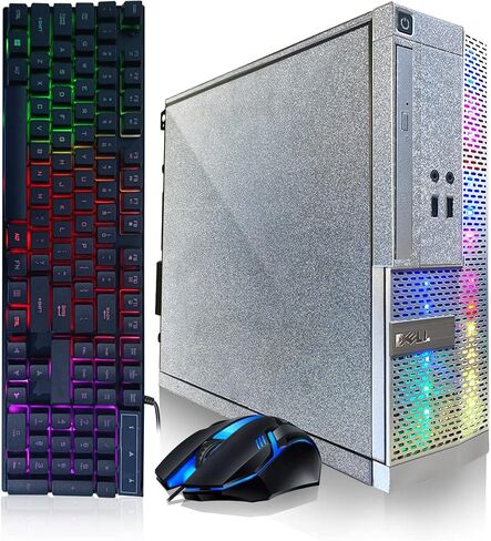 كمبيوتر مكتبي Dell PC Treasure Box RGB Intel Quad Core I5 ​​حتى 3.6 جيجا، 16 جيجا، 512 جيجا SSD، واي فاي وبلوتوث، لوحة مفاتيح وماوس كمبيوتر RGB للألعاب، DVD، Windows 10 Pro (متجدد) (فضي ضوء القمر) in Saudi Arabia