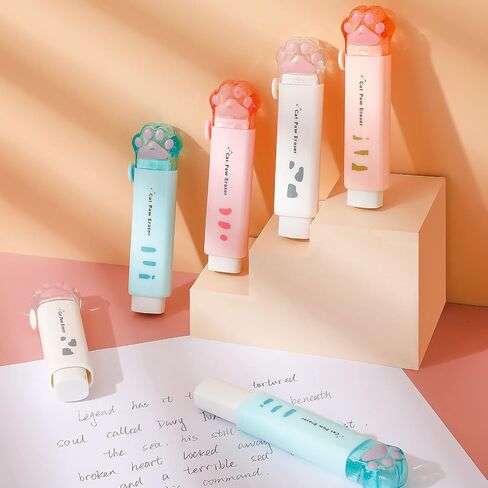 12 Packs Cat Paw Shaped Retractable Pencil Eraser Cute Rubber for Kids Cyan White Orange Pink Erasers Kawaii Eraser Aesthetic Erasers Portable Push Pull Rubber Eraser for Students Office School in Saudi Arabia
