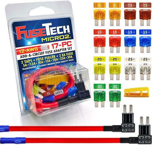 FuseTech 12 AWG Micro2 APT ATR 17 قطعة مجموعة متنوعة من مصهرات السيارات وحاملاتها (2 محولات صنبور مصهر إضافية للدائرة، 14 مصهر Micro 2 + ساحب مصهر) 5A 7.5A 10A 15A 20A 25A 30A in Saudi Arabia
