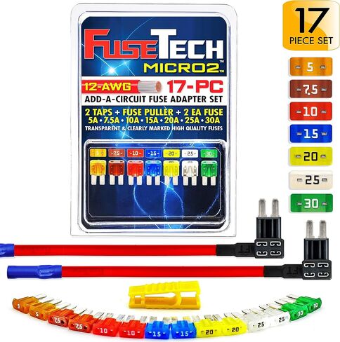 FuseTech 12 AWG Micro2 APT ATR 17 قطعة مجموعة متنوعة من مصهرات السيارات وحاملاتها (2 محولات صنبور مصهر إضافية للدائرة، 14 مصهر Micro 2 + ساحب مصهر) 5A 7.5A 10A 15A 20A 25A 30A in Saudi Arabia