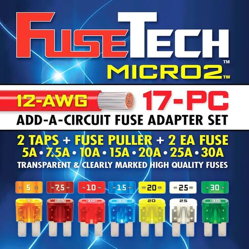 FuseTech 12 AWG Micro2 APT ATR 17 قطعة مجموعة متنوعة من مصهرات السيارات وحاملاتها (2 محولات صنبور مصهر إضافية للدائرة، 14 مصهر Micro 2 + ساحب مصهر) 5A 7.5A 10A 15A 20A 25A 30A in Saudi Arabia