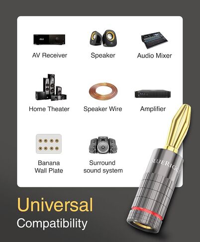 BlueRigger Banana Plugs 12 زوجًا / 24 قطعة (برغي مزدوج مغلق) - 24 حزمة موصل سدادات مكبر صوت مطلية بالذهب لسلك مكبر الصوت، ومكبر الصوت، وجهاز الاستقبال، ولوحة حائط الموز، والمسرح المنزلي in Kuwait