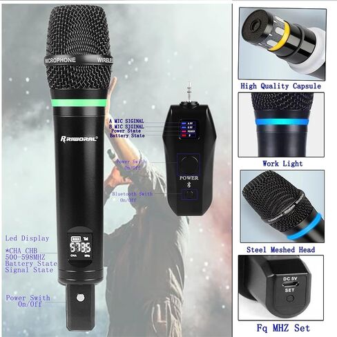 Wireless Microphone System UHF Dual Cordless Dynamic Microphone Karaoke Rechargeable Range 98ft Support Amplifier Speaker Mixer Used 5-10 Hours for Church Preaching Singing (Blue) in Saudi Arabia