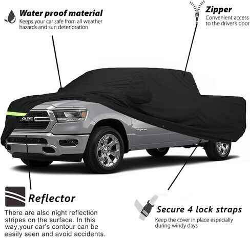 أغطية سيارة مقاومة للماء لسيارة Dodge Ram 2500 3500 1998-2022 Crew Cab 6.5 قدم أغطية سيارة شاحنة ذات سرير قصير 190T تناسب 100% حزام مقاوم للرياح وسحاب باب مزدوج يصل إلى 236 بوصة طول in Kuwait