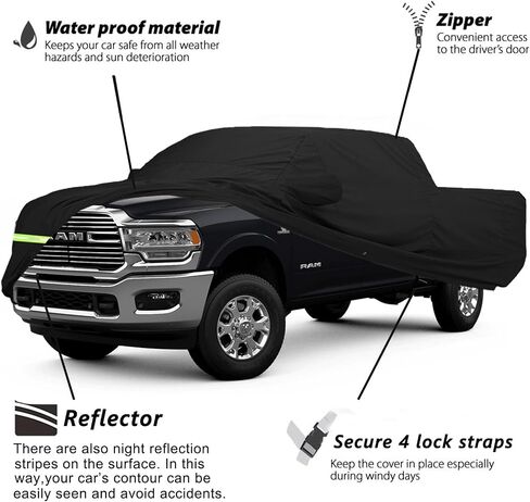 Waterproof Car Covers for Dodge Ram 1500 1998-2022 Crew Cab 5.5 ft Short Bed Truck Car Covers 190T Fit 100% Waterproof Windproof Strap & Double Door Zipper Up to 232" L (Black-1500 5.5ft) in Saudi Arabia