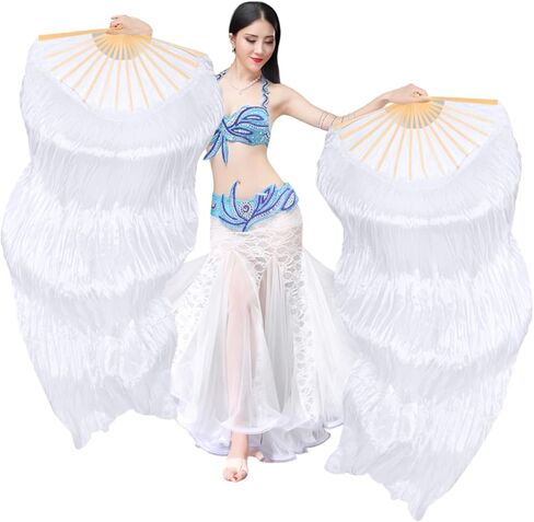 زوج واحد من مراوح الرقص الشرقي من الحرير الحقيقي مقاس 59 بوصة، مراوح الرقص الشرقي للنساء، حجاب طويل للمروحة مع أضلاع الخيزران، حجاب طويل لمروحة الخيزران مصنوع يدويًا للرقص الشرقي in Kuwait