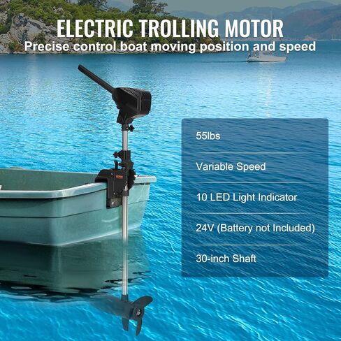VEVOR Electric Trolling Motor 55lb Thrust Transom Mounted 24-Volt Boat Motor Variable Speed 10 LED Indicator for Kayak, Small Fishing Boats (30" Shaft) in Saudi Arabia