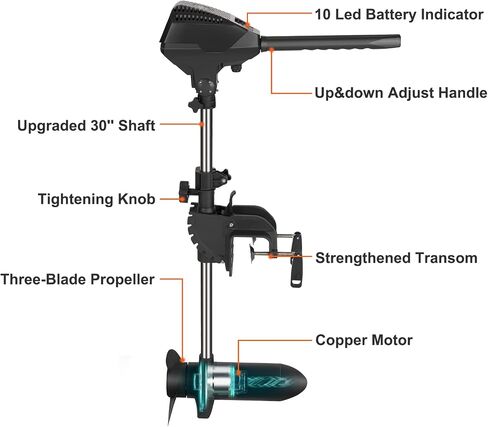 VEVOR Electric Trolling Motor 55lb Thrust Transom Mounted 24-Volt Boat Motor Variable Speed 10 LED Indicator for Kayak, Small Fishing Boats (30" Shaft) in Saudi Arabia
