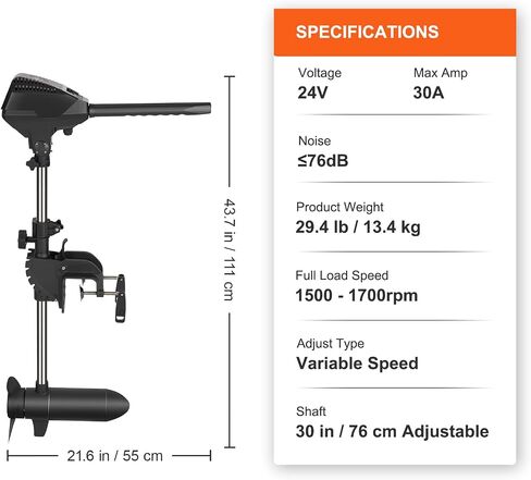 VEVOR Electric Trolling Motor 55lb Thrust Transom Mounted 24-Volt Boat Motor Variable Speed 10 LED Indicator for Kayak, Small Fishing Boats (30" Shaft) in Saudi Arabia