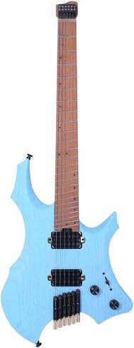 Headless Electric Guitar for Travel, 6 String Roasted Solid Ash Body Guitar, Roasted Maple Neck, Jumbo Stainless Steel Oblique Frets, Satin Blue, Black, White (Blue) in Saudi Arabia