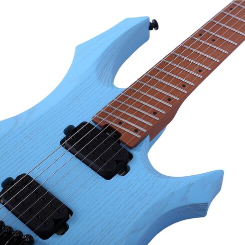 Headless Electric Guitar for Travel, 6 String Roasted Solid Ash Body Guitar, Roasted Maple Neck, Jumbo Stainless Steel Oblique Frets, Satin Blue, Black, White (Blue) in Saudi Arabia