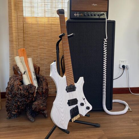 Headless Electric Guitar for Travel, 6 String Roasted Solid Ash Body Guitar, Roasted Maple Neck, Jumbo Stainless Steel Oblique Frets, Satin Blue, Black, White (Blue) in Saudi Arabia