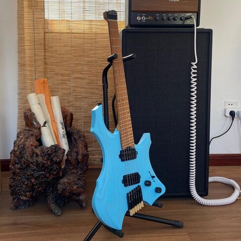 Headless Electric Guitar for Travel, 6 String Roasted Solid Ash Body Guitar, Roasted Maple Neck, Jumbo Stainless Steel Oblique Frets, Satin Blue, Black, White (Blue) in Saudi Arabia