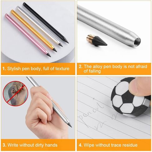 AUAUY 2PCS Metal Inkless Pencil, Infinity pencil, Reusable Everlasting Pencil, Replaceable Nib Pencil with 2 Replaceable Nib for Writing Drawing Students Home Office School Supplies(Black) in Saudi Arabia