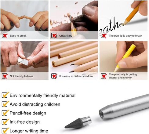 AUAUY 2PCS Metal Inkless Pencil, Infinity pencil, Reusable Everlasting Pencil, Replaceable Nib Pencil with 2 Replaceable Nib for Writing Drawing Students Home Office School Supplies(Black) in Saudi Arabia