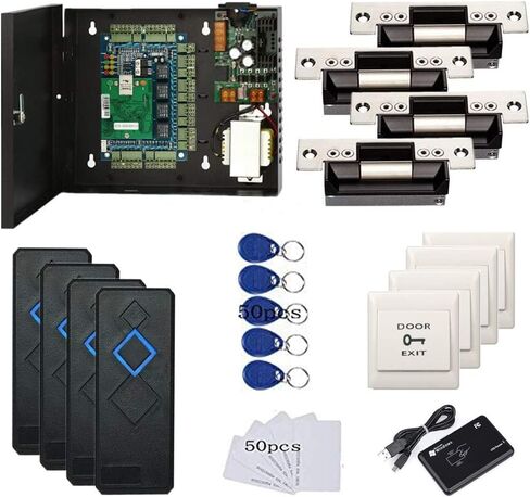 4 Doors Access Control Security Kits with North American ANSI Standard Strike Lock 110V Power Supply Box RFID Reader RFID Card & Key Fob TCP/IP Based Phone APP Remotely Open Door in Kuwait