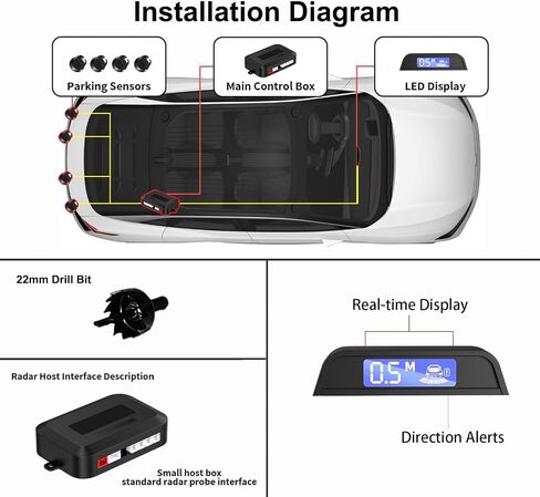 4 Parking Sensors, Compact Screen Distance Display with Sound Warning + 4 Black Parking Sensors for Car Auto Vans RV Trailer in Saudi Arabia