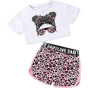 Bestuline Girl's 2 Piece Outfits Short Sleeve Summer Crop Top Shorts Set，3-14 Years