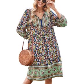 Bluetime Women Casual Summer Dress Boho V Neck 3/4 Sleeve Short Babydoll Floral Print Flowy Beach Dresses