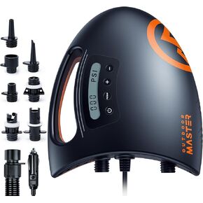 Outdoormaster 20psi الضغط العالي SUP SUP SUP - التضخم الذكي في المرحلة المزدوجة والتضخم التلقائي والانكماش ، موصل سيارة 12V DC ، لألواح مجداف قابلة للنفخ ، قوارب ، قوارب