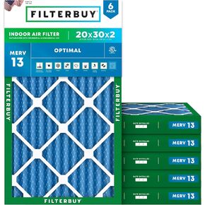 Filterbuy 20x30x2 Air Filter MERV 13 Optimal Defense (6-Pack), Pleated HVAC AC Furnace Air Filters Replacement (Actual Size: 19.75 x 29.75 x 1.75 Inches)