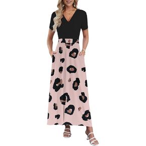 AUSELILY Women's Summer Maxi Dress Short Sleeve Floral Print Bohemian V Neck with Pockets