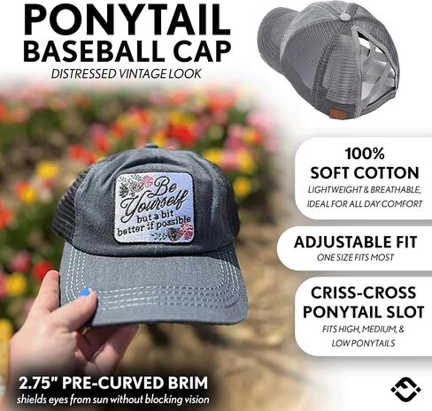 Funky Junque Criss Cross Saying Ponytail Hat Womens Baseball Cap Distressed Embroidered Patch Messy Bun Trucker Ponycap in Kuwait