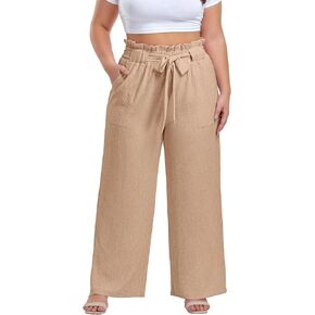 OLRIK Women's Casual Plus Size Pants High Waisted Self-tie Belted Lounge Pants Straight Long Trousers with Pockets