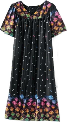 AmeriMark Women's & Women's Plus Border Lounge Dress- Short Sleeve Gown Sleepwear for Ladies, Navy Delight Border, 2X in Kuwait