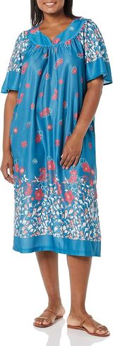 AmeriMark Women's & Women's Plus Border Lounge Dress- Short Sleeve Gown Sleepwear for Ladies, Navy Delight Border, 2X in Kuwait
