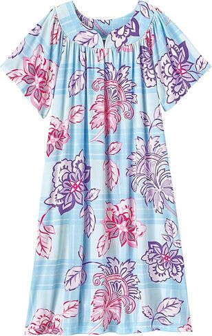 AmeriMark Women's & Women's Plus Border Lounge Dress- Short Sleeve Gown Sleepwear for Ladies, Navy Delight Border, 2X in Kuwait