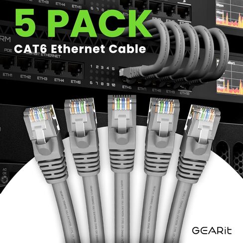 كابل توصيل Ethernet RJ45 Cat 6 من GearIT (حزمة من 5) للتلفزيون، والمودم، وألعاب الكمبيوتر، بسرعة 10 جيجابت في الثانية، وموصلات مطلية بالذهب، بدون مشبك، وكابل الشبكة، وكابل الإنترنت، 3 أقدام، أبيض in Saudi Arabia