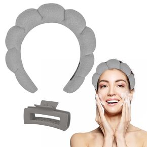 AFLUTE Spa Headbands for Women, Makeup Headband Bubble Skincare Headband with Hair Claws Clips for Washing Face or Facial, Thick Hair Cute Puffy Sponge Ready Hairband for Women Girls Headwear