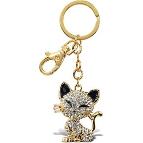 Aqua79 Happy Cat Keychain - Gold 3D Sparkling Charm Rhinestones Fashionable Stylish Metal Alloy Durable Key Ring Bling Crystal Jewelry Accessory with Clasp
