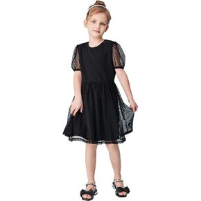 WDIRARA Girl's Mesh Polka Dots Puff Short Sleeve Round Neck Flared Hem A Line Short Dress