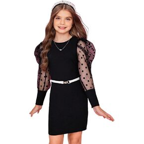 WDIRARA Girl's Mesh Polka Dots Puff Long Sleeve Round Neck Rib Knit Bodycon Party Dress