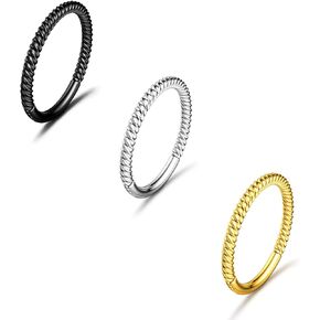 BodyBonita 3pcs Twisted Hinged Nose Rings Hoop 316L Surgical Steel 16G/18G Hinged Conch Piercing Jewelry Septum Clicker Lip Rings Cartilage Earring Helix Rook Tragus Daith 8mm/10mm