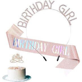 Rose Gold Birthday Headband for Women,Birthday Girl Sash and Crown for Girls and Women,Birthday Gift for Her,Happy Birthday Cake Topper,Accessories for Birthday Decorations.