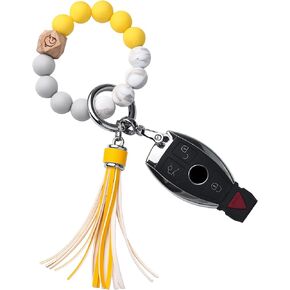 Tukellen Wristlet Keychain Silicone Bracelet With Car Keychian, Women Beaded Bangle Keychain Wristlet Leather Tassel