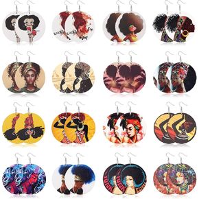 16 Pair Round African Women Earrings Wooden Painted Ethnic Style Dangle Earring Geometric Personalized Earrings in Saudi Arabia