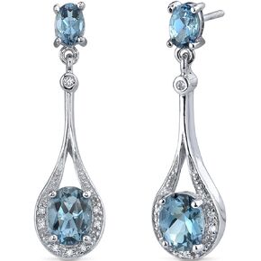 Peora London Blue Topaz Dangle Earrings 925 Sterling Silver, Genuine Gemstone Birthstone Halo Drop Oval Shape, 4 Carats total, Friction Backs