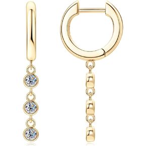 Moissanite Huggie Dangle Earrings for Women or Girls 18K Gold Plated Sterling Silver Hypoallergenic Round Classic Hoop Earring for Mother's Day Birthday Gifts