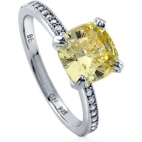 BERRICLE Sterling Silver Solitaire Wedding Engagement Rings 3 Carat Canary Yellow Cushion Cut Cubic Zirconia CZ Ring for Women, Rhodium Plated Size 4-10