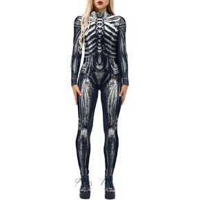 Women's 3D Mechanical Robot Skeleton Print Halloween Jumpsuit Romper Cosplay Costume