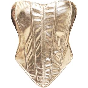 bslingerie Women Faux Leather Metallic Boned Bustier Lace Up Shapewear Corset Crop Tops