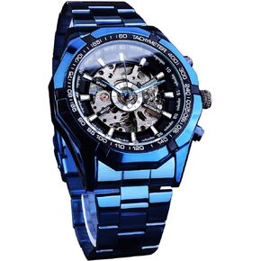FORSINING Men's Watch Self-Wind Skeleton Hollow Out Mechanical Automatic Luxury Watches, Blue Black Stainless Steel Band Waterproof Wristwatch